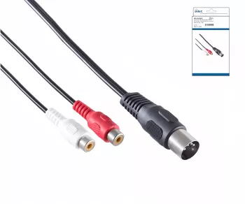 DINIC DIN plug to stereo RCA socket, black DIN plug. 180° (5-pin) to 2x RCA socket, box
